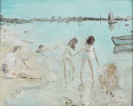 David Cox RWA ROI (British, 1914-1979) - Children playing on the beach, oil on board, signed '