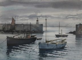 Ley Kenyon (British, 1913-1990) - Fishermen at rest, watercolour on paper, 27 x 37cm