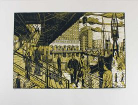 Tobias Till (British, b.1969) - South India Quays (2002), linocut in colours, signed and numbered '
