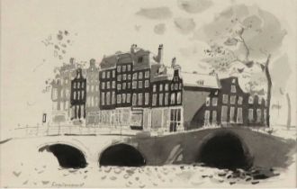 John Sergeant (British, 1937-2010) - Reguliersgracht canal, Amsterdam, ink and wash on paper, titled