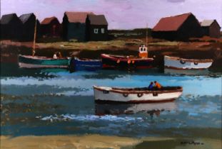 § Donald McIntyre (British, 1923-2009) - Huts, Southwold, acrylic, signed 'D McIntyre' lower