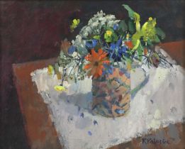 Robert Palmer (British, 1927-2005) - Flowers in a mug, oil on board, signed 'R Palmer' lower