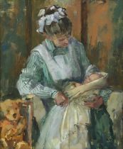 Pat Maclaurin (British, 1933-2022) - The Nurse, The Baby & The Bear, oil on board, signed with