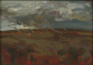 Tom Coates (British, 1941-2023) - Burning stubble, Downs, oil on board, signed with initials lower