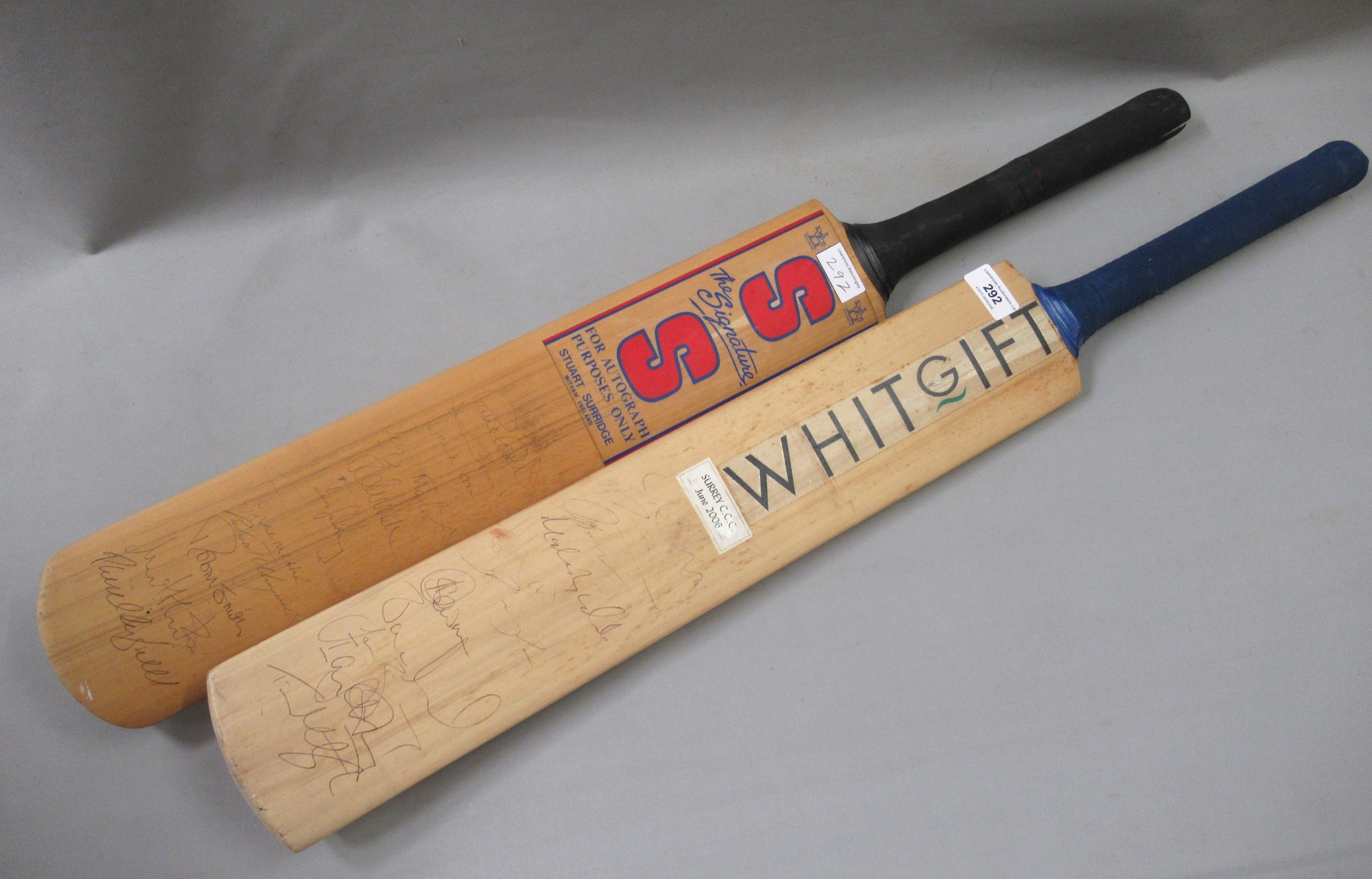 Cricket bat signed by 2006 Surrey County team, together with another cricket bat signed by England