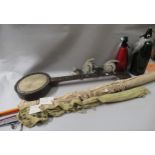 Shakespeare fishing rod, two other fishing rods, together with a banjo (at fault), two soda