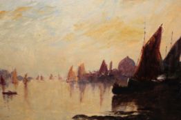 Early 20th Century, oil painting, boats at a Continental port at sundown, carved mahogany frame,