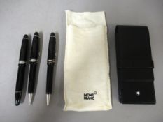 Mont Blanc three piece fountain pen, ballpoint pen and pencil set in black, in a leather case with