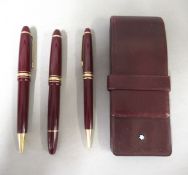 Mont Blanc three piece fountain pen, ballpoint pen and pencil set in burgundy, in a matching leather