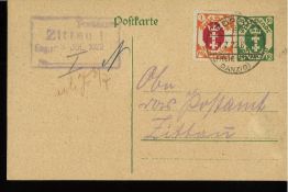 Danzig, Ganzsache mit Zusatzfrankatur, gelaufen 1922 nach Zittau.