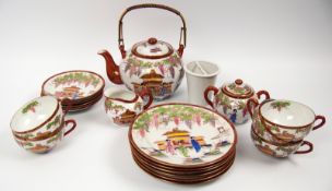 Japanisches Teeservice, farbig bemalt mit Geisha Motiven, Goldverzierungen, mit Lithophan