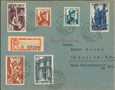 Saarland Markenausgabe. 6 Fr. - 50 Fr. Freimarken 1948 (14 Fr. 2x einmal Eckmgl.) auf R-Brief von
