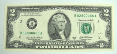 seltene US-Banknote, 2 Dollar. Thomas Jefferson auf der Vorderseite und die Unterzeichnung der