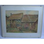 Aquarell, Fachwerkhof, hinter Glas gerahmt (beschädigt). Maße: Breite ca. 53 cm, Höhe ca. 43 cm.