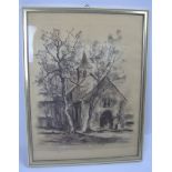 Kohlezeichnung "Kapelle" hinter Glas gerahmt. Undeutlich signiert 1951. Gesamtmaße: Höhe ca. 46