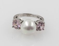 Silberring mit Schmucksteinen und Perle, Silber 925, Ringgröße: ca. 50.