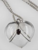 Silberkette mit Bergkristall Anhänger, dieser mit gefassten Granat. Silber 835, Länge Kette: ca.