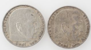 Deutschland 1936 A, 2 x 5 Reichsmark "Hindenburg", ohne HK, Jaeger 360, Erhaltung: ss.