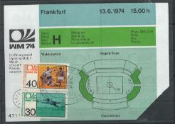 WM-Eintrittskarte zum Eröffnungsspiel der Fußball-Weltmeisterschaft in Frankfurt am 13.06.1974: