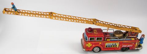 Vintage Blechspielzeug Feuerwehr", batteriebetrieben, Blech lithografiert, gemarkt mit "K" (Kokyo)
