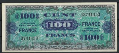 France "100 Francs - 100 Cent" 1944 WWII Banknote. Zustand gut.