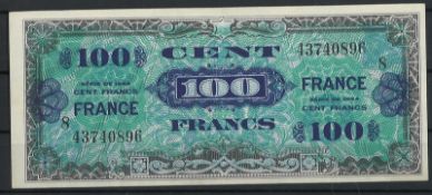 France "100 Francs - 100 Cent" 1944 WWII Banknote. Zustand gut.