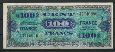 France "100 Francs - 100 Cent" 1944 WWII Banknote. Zustand gut.