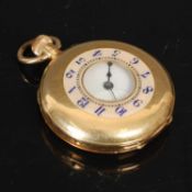 A Continental yellow metal and enamel half hunter fob watch, the black and white Arabic numeral dial
