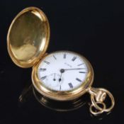 A yellow metal hunter cased Elgin fob watch, the black and white enamel dial with Roman numerals and