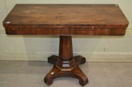 A 19th century rosewood card table featuring sliding top, shaped pedestal and scroll feet, 74.5cm