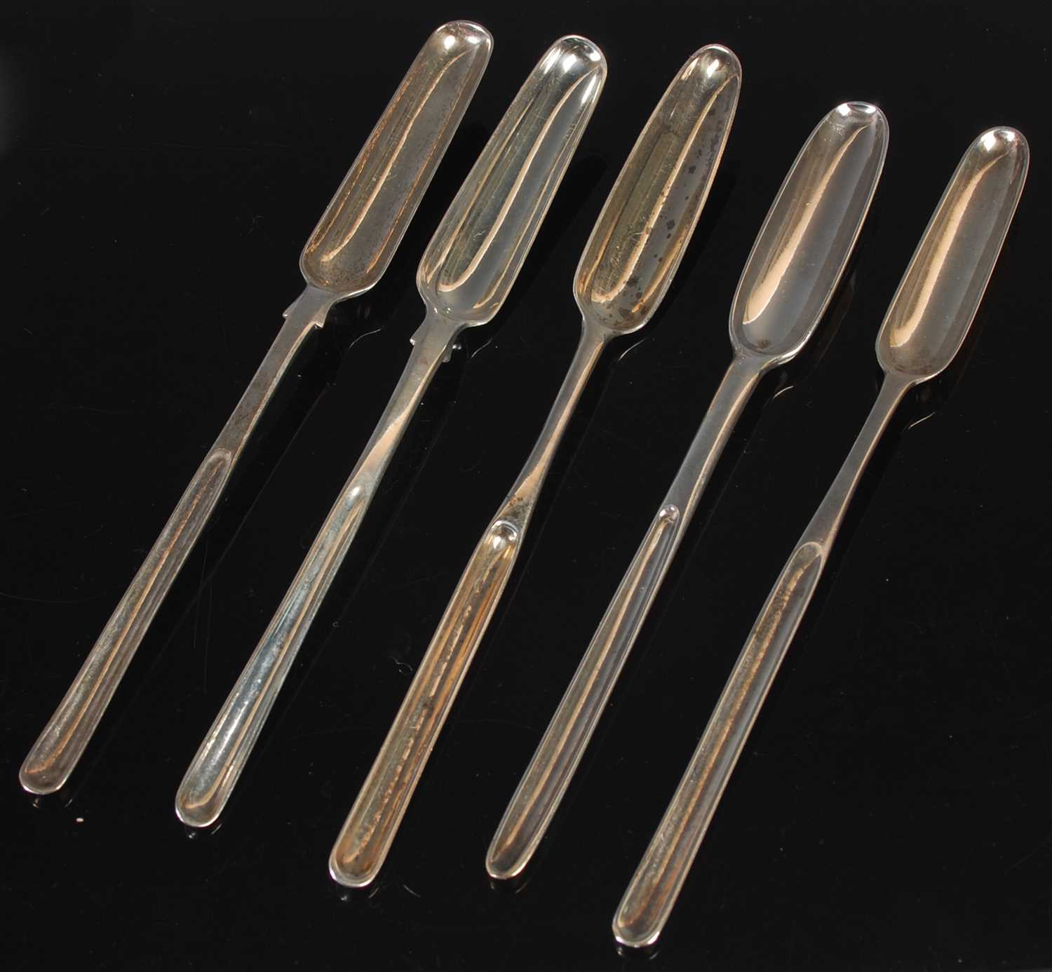 Five assorted antique silver marrow scoop, to include a Victorian ...
