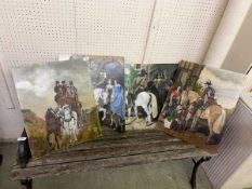 Four unframed oil on board horse riding scenes