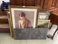 A silvered framed mirror along with framed and glazed print of a lady, oil lake scene, and