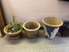 Three garden planters, two with contents