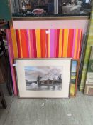 A stretched canvas artwork , framed and glazed watercolour and bridge scene