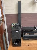 A Sony model SA-CT290 sound bar with sub woofer along with boxed set of wireless speakers