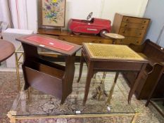 A mid-20th century mahogany effect magazine rack/occasional table along with a mahogany music stool