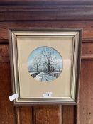 A framed and glazed oil depicting a snowy path scene signed bottom right John Straw '83