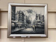 A framed monochrome oil on canvas of Paris street scene signed to bottom right