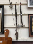 A modern hand axe and spear on turned handle along with a vintage fencing foil by Leon Paul