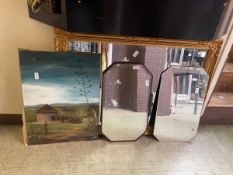A reproduction gilt framed bevel glass mirror along with two mid-20th century wall mirrors and an