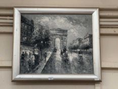 A framed monochrome oil on canvas of Paris scene signed bottom right