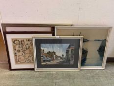 An assortment of artwork and maps to include map of Europe, pen & wash street scene, print of