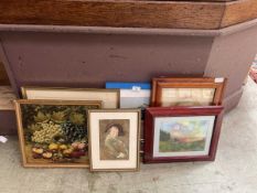 An assortment of pictures and prints to include metalwork plaque of a harbour scene. watercolour