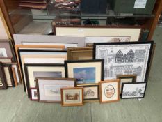 An assortment of artwork and prints ro include wool work, architectural needlework, countryside