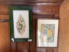 A framed and glazed oriental leaf design artwork depicting fish signed top left, along with one