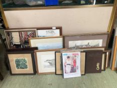 A collection of artwork and prints to include street scenes, badger, Cashes silk etc.