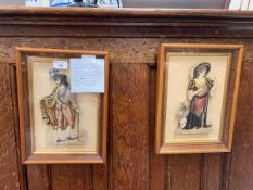 Two watercolour figure subjects depicting Shakespearean characters, lady with lute and gentleman
