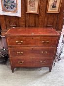 Veneer and inlaid chest of three drawers on bracket feet with brass handles