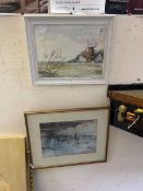 A framed and glazed watercolour of a windmill scene and a framed and glazed Flint print